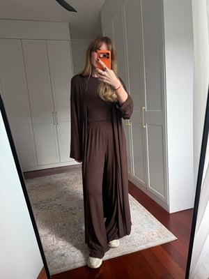 Kaşmir Dokulu Full Likralı Üçlü Acıkahve Takım