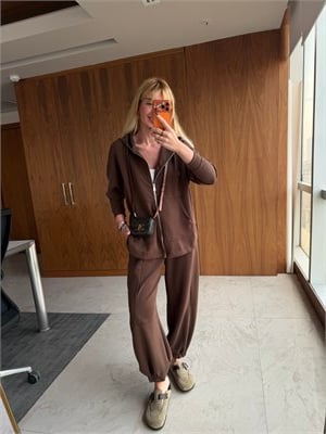 İthal Premium Modal, Paçası Lastikli Acıkahve  Takım