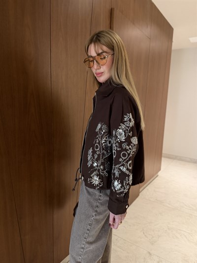 Pul & Taş İşlemeli , Acıkahve , Premium Gabardin Ceket