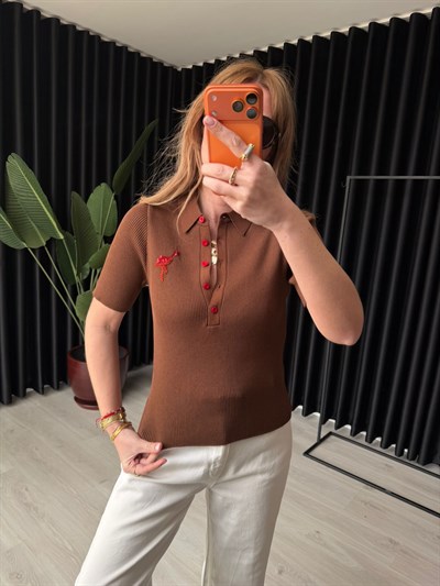 Polo Yaka , Payet İşlemeli , Acıkahve Merserize