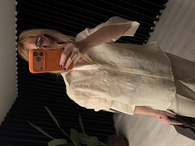 Bej Dantel Nakışlı Premium Tencel Gömlek