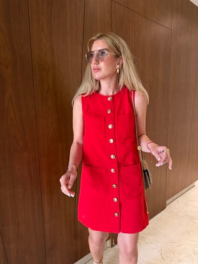 Orijinal Model , Gold Düğmeli , Kırmızı Gabardin Elbise