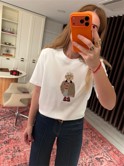 Orijinal Marka , Ayıcık Ve Taş İşlemeli , Beyaz T-shirt