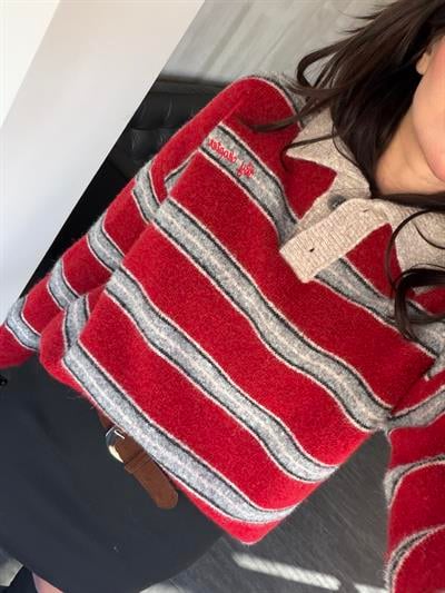 Bej Polo Yaka , Çizgili , Kırmızı Triko