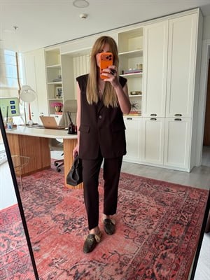 Orijinal Marka , Acıkahve , Blazer Yelek & Likralı Pantolon Takım