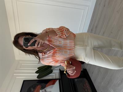 V Yaka , Oranj & Bej , Batik Desenli Gömlek