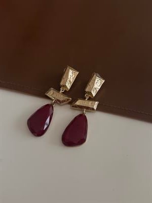 Asimetrik Kesim , Bordo Taşlı , Vintage Küpe