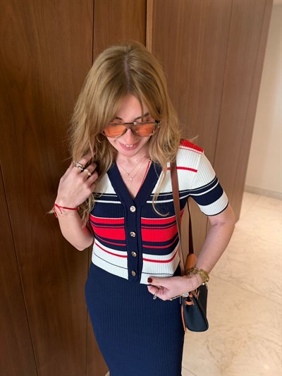 Kırmızı Çizgili , Lacivert , Elbise & Triko Takım