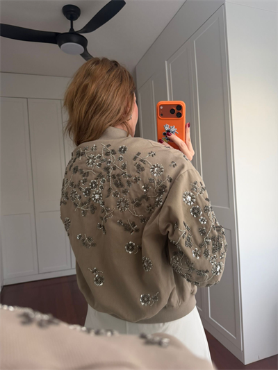 Kristal Taş İşlemeli Premium Vizon Bomber Ceket
