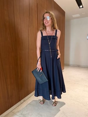 Orijinal Model , Askılı , Kemerli , Lacivert Keten Elbise