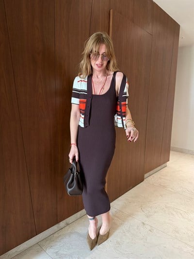 Turuncu Çizgili , Acıkahve , Elbise & Triko Takım