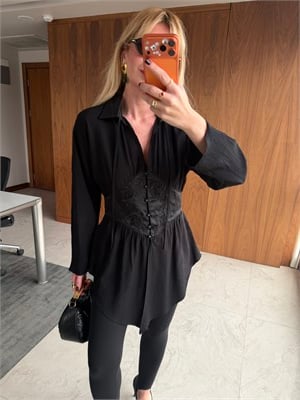 Orijinal Model , Dantel İşlemeli , Korseli , Siyah Tencel Gömlek