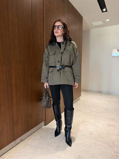 Orijinal Model , Deri Yakalı , Kemerli , Haki Trençkot