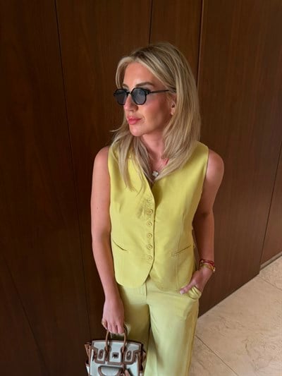 Arkası Güpürlü Yelek & Pantolon , Olive Tencel Takım
