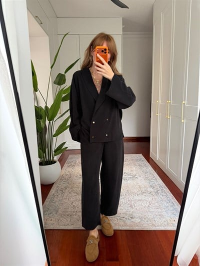 Dört Düğmeli , Premium Double Tencel , Siyah Blazer Takım