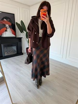 Beli Gizli Lastikli Haki & Bej Ekoseli Tok Saten Etek