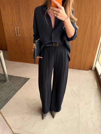 Zra Double Krep , Lacivert Palazzo Pantolon