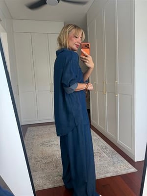 %100 Cotton , Tencel , Gömlek & Beli Lastikli Pantolon , Lacivert Premium Takım