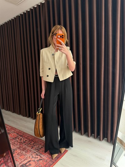 Bej , Keten Crop Ceket