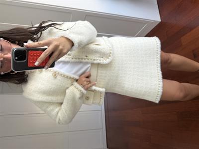 Parıltı Geçişli Ekru Triko Premium Tüvit Etek