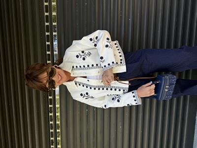Lacivert Nakışlı Ekru Premium Denim Ceket