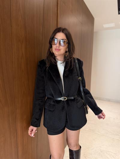 Kemerli , Premium , Siyah Kürk Ceket