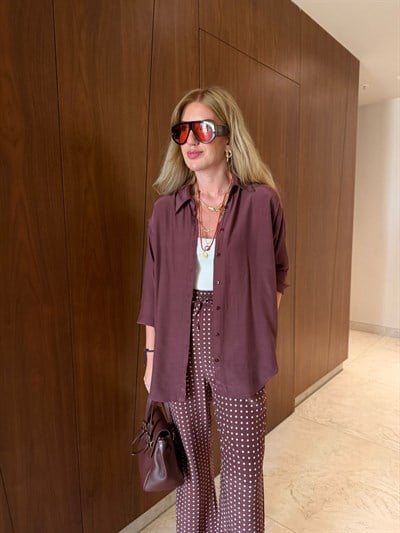Bordo , Puantiyeli Pantolon & Gömlek , Tencel Takım