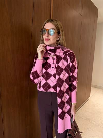 Pembe & Bordo Baklava Desenli , Yumuşacık Atkılı Triko