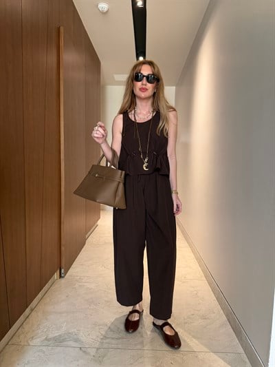 Orijinal Model , Belden Büzgülü , Acıkahve Bluzlu Takım