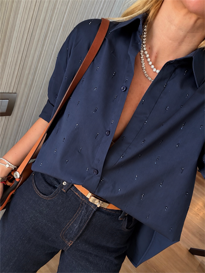 Orijinal Model, Premium Taşlı Lacivert Poplin Gömlek
