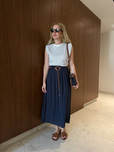Orijinal Model , Deri Kemerli , Vatkalı & Çizgili Lacivert Elbise