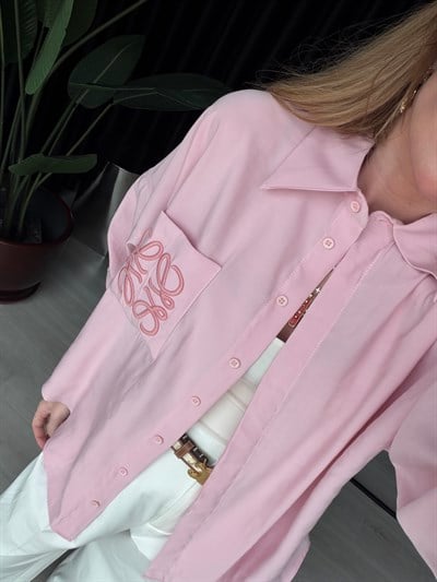 Marka Logo İşlemeli , Pembe Tencel Gömlek 