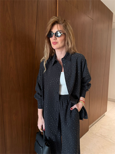 Siyah , Full Taşlı , Modal Tencel , Gömlek & Pantolon Takım