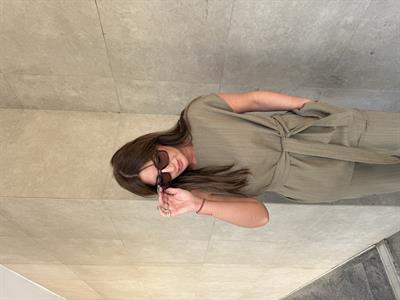 Omzu Burmalı , Haki , Keten , Bluz Takım