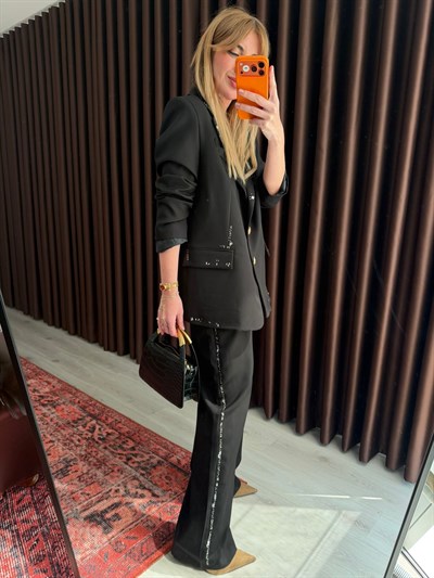 Taş İşlemeli , Siyah , Blazer Ceket & Pantolon Takım