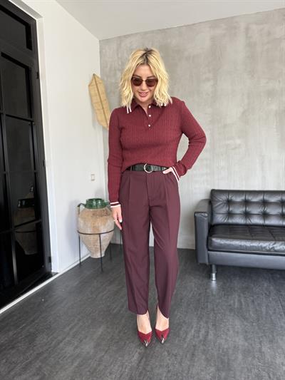 Premium Likralı Krep Kumaş , Kemerli Bordo Pantolon