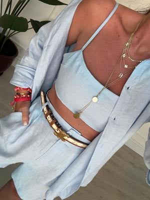 %100 İthal Keten , Bebe Mavisi , Çift Kat Askılı Bluz