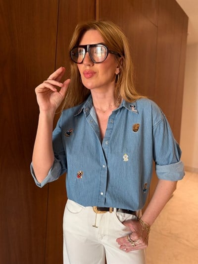 Bgm Marka , Hayvan İşleme Figürlü , Tencel Jean Gömlek