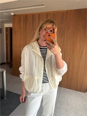 Premium Beyaz Tencel Bomber Ceket