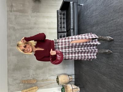 Çift Kemer Detaylı , Yırtmaçlı , Bordo Ekoseli Etek