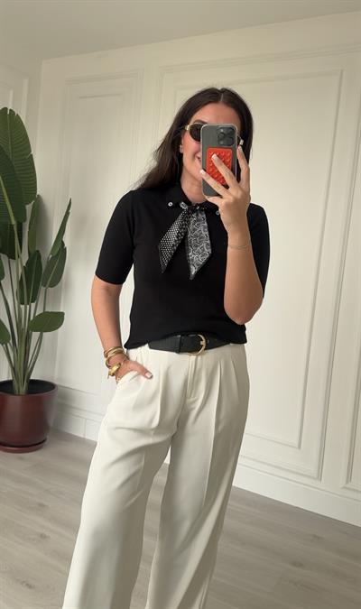 Özel İplik , Polo Yaka , Fularlı , Siyah Triko