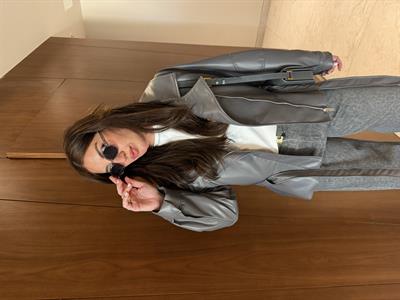 Kuşaklı , Gri , Premium Deri Ceket