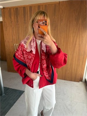 Saten Fularlı, Kırmızı Premium Bomber Trenç