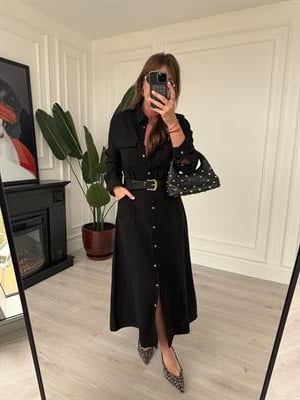 Premium Tok Tencel, Kemerli Siyah Gömlek Elbise