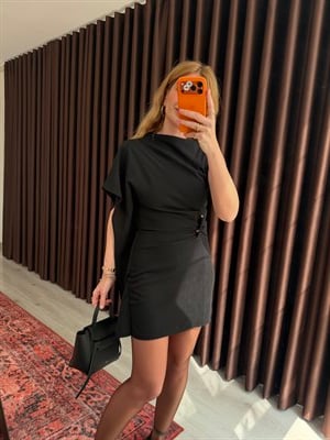 Orijinal Model , Asimetrik , Kısa Kollu , Siyah Pelerin Elbise
