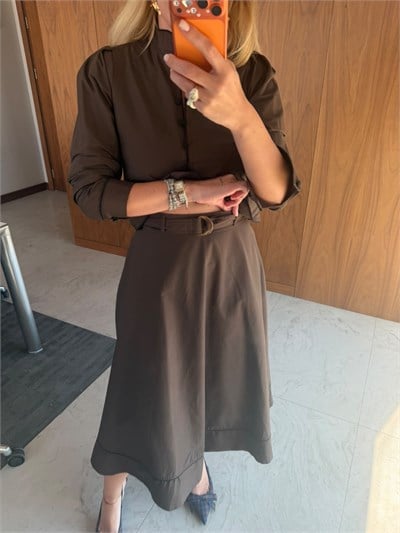 Orijinal Model , Kemerli Etek & Kore Bağlama Gömlek , Biyeli , Acıkahve Likralı Takım