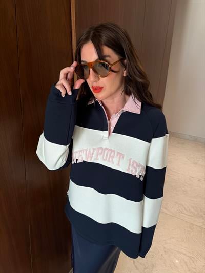 Lacivert Beyaz Çizgili , Polo Yaka Sweatshirt