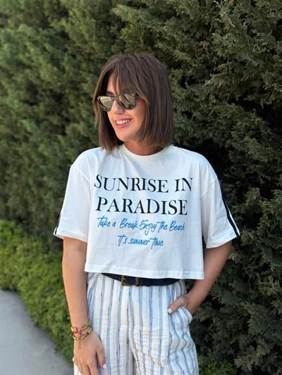 Lacivert Yazılı , Beyaz Crop T-shirt