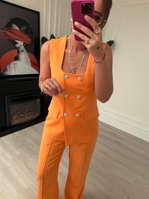 Taş Düğmeli, Orange Yelek & Pantalon Takım