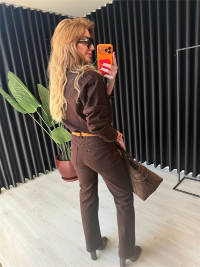 Süet Kemerli, Beli Lastikli, Likralı Acıkahve Premium Tulum